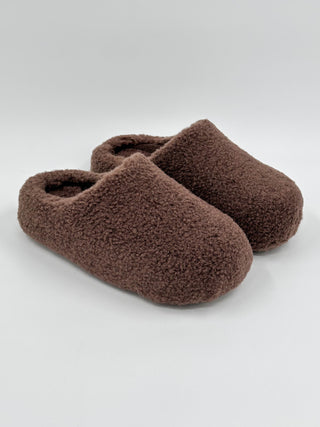 Brown sherpa slip-on shoes with cushioned open-top cuff