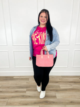 Outfit 3238: light blue denim jacket over pink graphic top, black pants, white sneakers