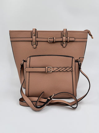 Tan faux leather shoulder bag with top flap and front pocket, detachable crossbody strap