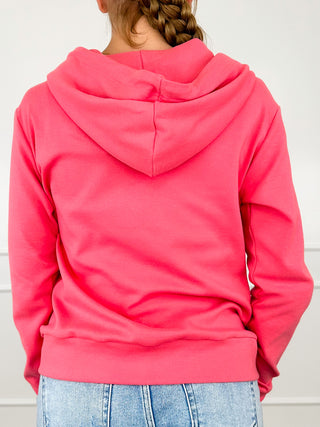 Pink full-zip hoodie with hood and long sleeves, back view