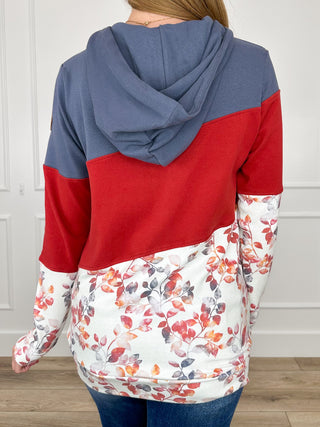 Color-block full-zip hoodie with hood, red back panel and floral bottom, long sleeves