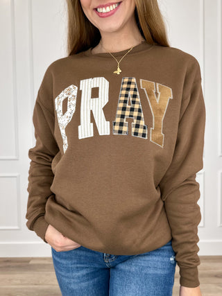 Brown crewneck long-sleeve sweatshirt with patchwork GRAY graphic on chest