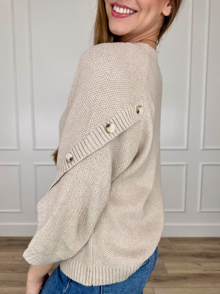 Oat knit sweater with 3/4 sleeves, crew neck, buttoned cuff tabs