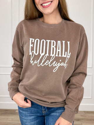 Brown long-sleeve crewneck sweatshirt with Football Hallelujah front graphic