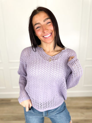 Lavender knit long-sleeve sweater top with V-neck and textured openwork stitch