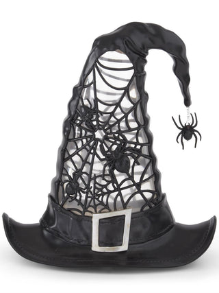 Black mesh witch hat water lantern with LED light and spider accents