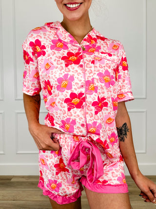 Pink floral high-rise PJ set: short-sleeve button shirt and tied ruffle shorts
