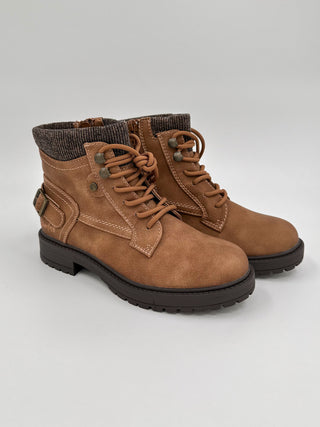Mocha brown ankle booties with faux leather, lace-up and padded cuff