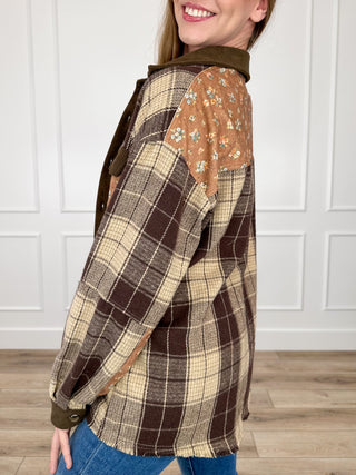 Brown plaid long-sleeve button-up shacket with floral patch sleeve and chest pocket