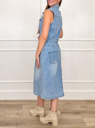 Medium wash denim sleeveless midi dress with button placket and waist seam