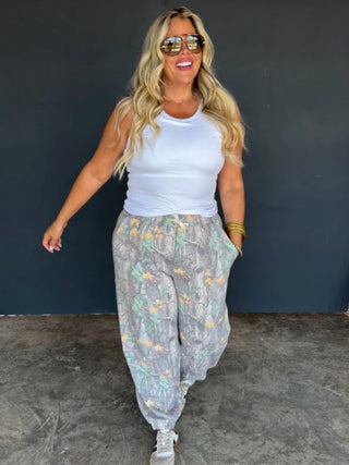 Living in Secret Avery Mae high-rise camo joggers with elastic waist and tapered cuffs