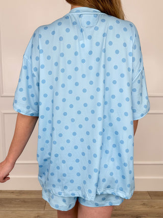 Light blue polka-dot knit lounge set, back view of short-sleeve top and shorts