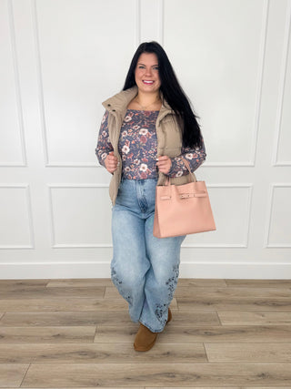 Tan hooded puffer vest, sleeveless with zipper and side pockets