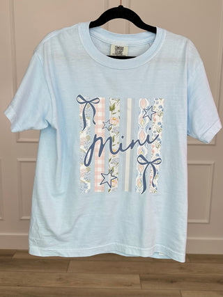 Kids light blue short-sleeve cotton tee with 'Mini' patterned graphic