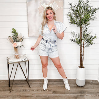 You Won't Forget Cotton Blend Short Sleeve Denim Avery Mae Romper