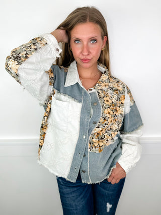 POL Fall Floral Cotton Long Sleeve Light Wash Avery Mae Mom Cropped Shacket