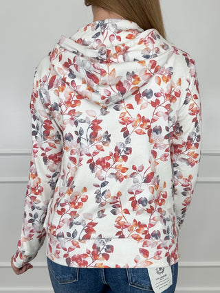 White floral print hooded full-zip hoodie with kangaroo pocket, back view
