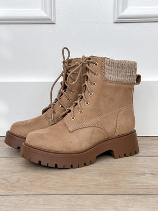 Tan faux suede lace-up ankle boot with knit cuff and chunky tread sole