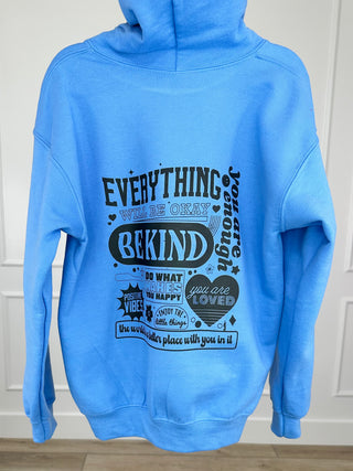 Kids blue long-sleeve hoodie sweatshirt with large front graphic and kangaroo pocket