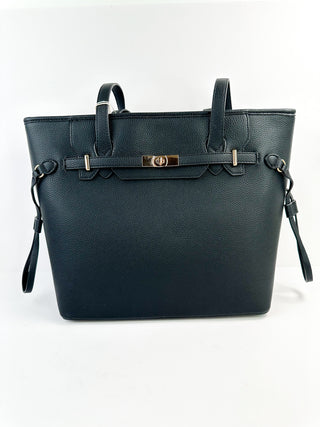 Black faux leather tote bag with top handles, side straps, and front buckle detail