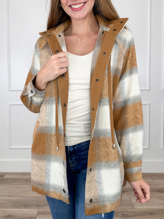 Camel plaid hooded jacket with snap front, long sleeves, buttoned pockets
