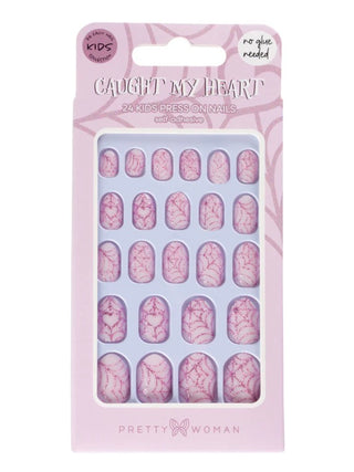 Kids press-on nails set with pink heart and lace designs, 24 pieces