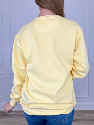 Raised on Southern Charm Cotton Blend Long Sleeve Yellow Avery Mae Graphic Crewneck Sweatshirt (Comfort Colors)