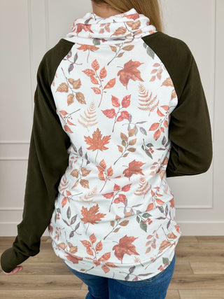 Two-tone cowl neck sweatshirt, white leaf print back with olive raglan sleeves