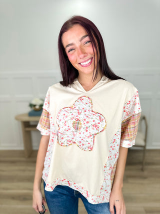 Easel Talking to You Cotton Short Sleeve Cream Hooded Top