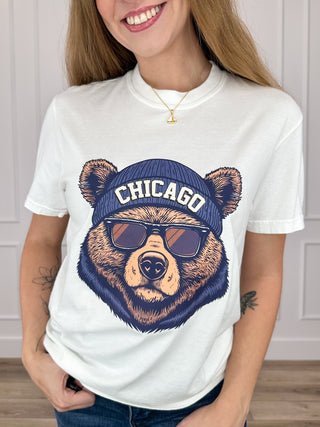 White short-sleeve cotton graphic tee with Chicago bear face wearing sunglasses cap