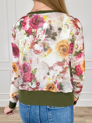 Floral sheer mesh cropped cardigan with green ribbed hem, back view