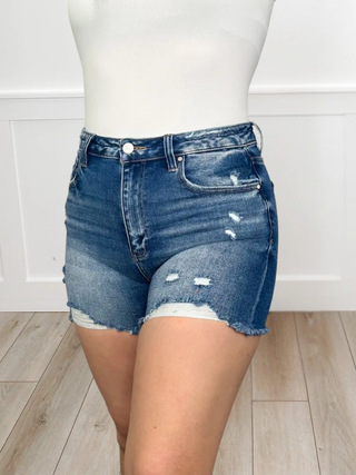 Risen Marina Distressed High-Rise Fray Hem Dark Wash Blue Shorts