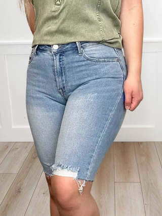 Risen Ash Distressed High-Rise Light Wash Bermuda Shorts