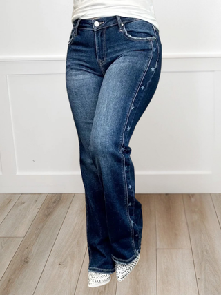 Risen Demi Mid-Rise Straight Leg Dark Wash Star Print Blue Jeans