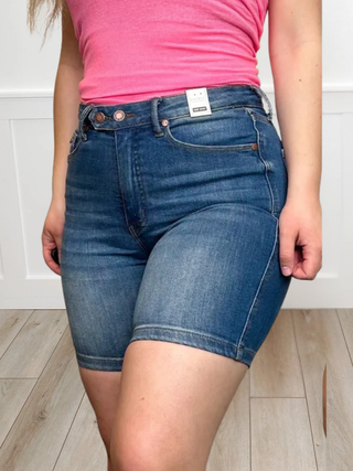 Judy Blue Sara Tummy Control High-Rise Adjustable Double Button Medium Wash Bermuda Shorts