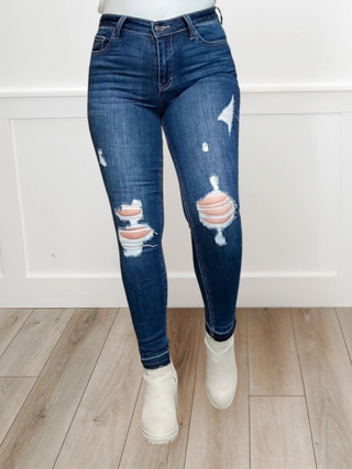 Jelly Madelyn Distressed Mid-Rise Release Hem Skinny Dark Wash Blue Jeans