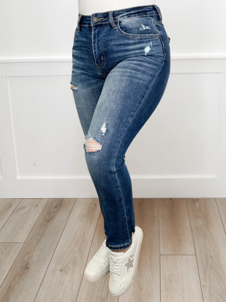 Risen Raegan Distressed High-Rise Straight Leg Vintage Dark Wash Blue Jeans