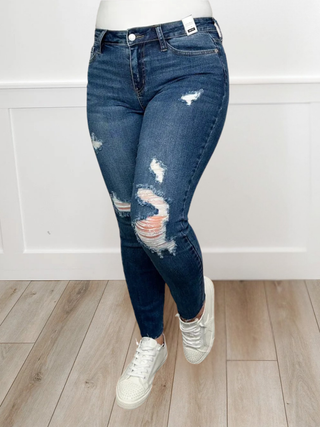 Judy Blue Nora Distressed Mid-Rise Raw Hem Relaxed Fit Medium Wash Jeans