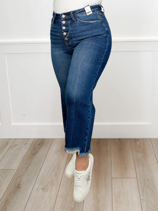 Judy Blue Raegan Distressed High-Rise Button Fly Fray Hem Wide Leg Cropped Dark Wash Jeans
