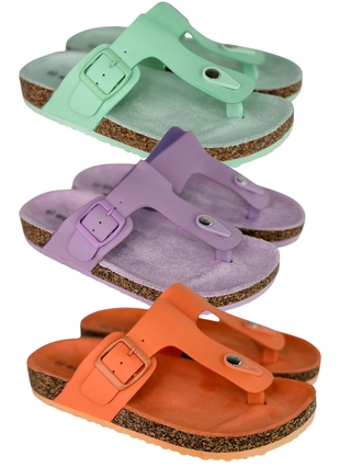 Faux leather slide sandals with double buckle straps in mint, purple, and orange.
