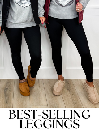 Two people wearing black leggings with text 'BEST-SELLING LEGGINGS' at the bottom.