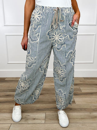 Easel Flower Fields Forever High Rise Knit Wide Leg Blue Bottoms