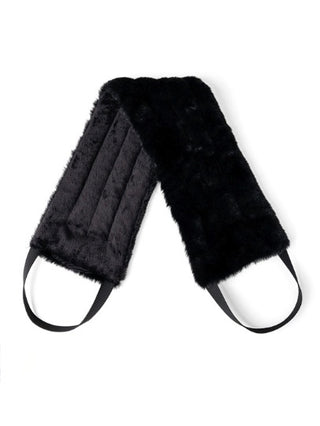 Black heated neckwrap with plush fur lining and two curved carry straps