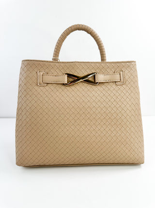 Beige woven faux leather tote bag with top handles and metal front clasp