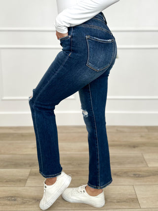 Risen Remi High-Rise Straight Leg Jeans - Dark Wash (Double Button, Distressed)