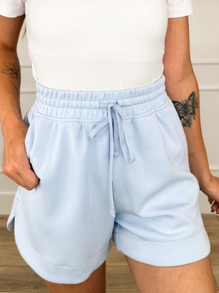 High-rise drawstring shorts, light blue, elastic waistband and tie front