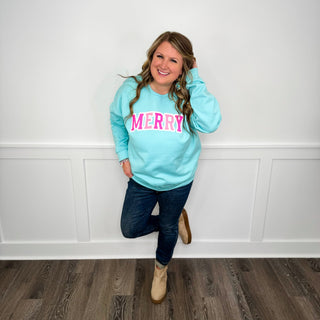 Oh So Merry Cotton Blend Long Sleeve Blue Avery Mae Graphic Crewneck Sweatshirt