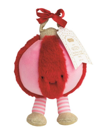 Holiday snuggles plush ornament with red bow, pink face, tag, striped legs, tan glitter feet