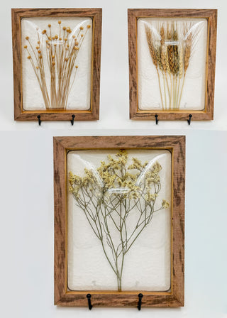 Set of three framed dried flower pod wall decor with long stems and seed pods