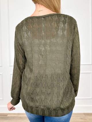 Olive green long-sleeve knit top with textured pattern, back view